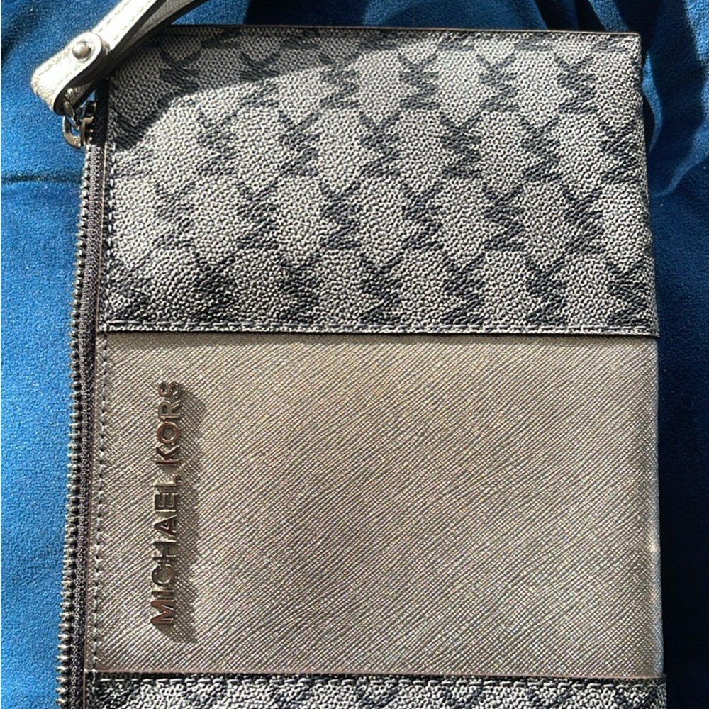 Michael Kors Blue and Silver Clutch with Monogram Design